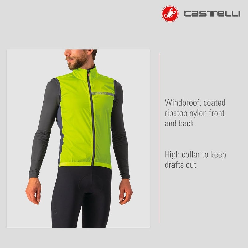 Castelli Men's Squadra Stretch Vest, Windproof Full Lenth Zip Shell with High Collar for Road and Gravel Biking I Cycling - Electric Lime/Dark Gray - Large - Image 2